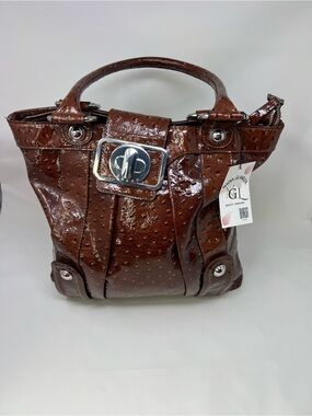 Guess Brown Patent Textured Tote Bag with Turn-Lock Accent